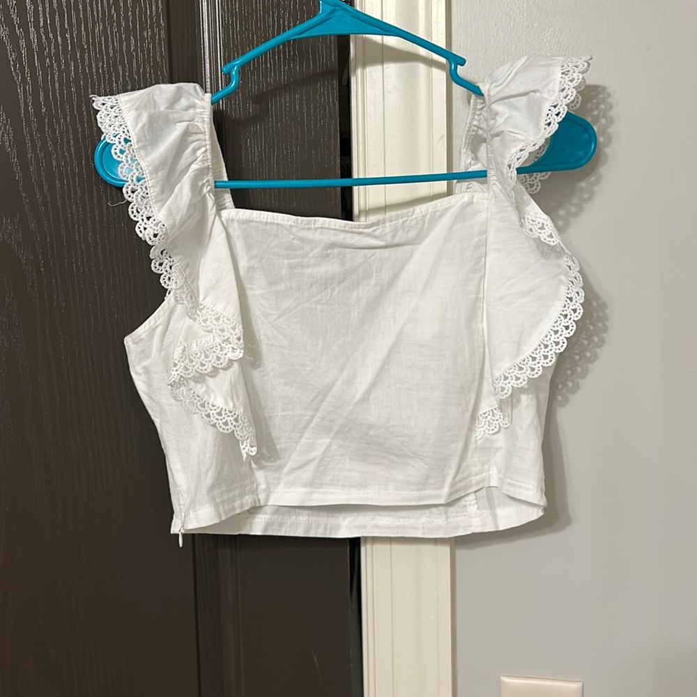 SHEIN white crop top with ruffle sleeves and lace detailing (size medium)